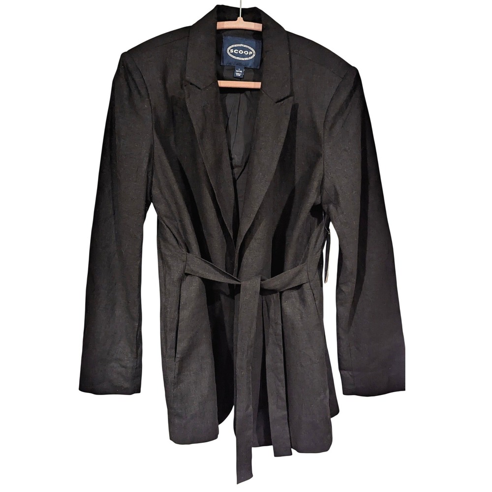 Scoop Womens‎ Black Linen Blend Tie Waist Blazer Jacket SS-1124 Large 12-14 NWT